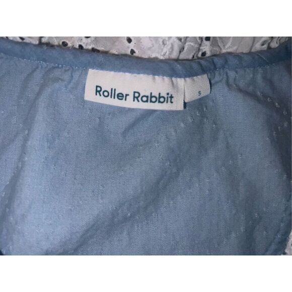 ROLLER RABBIT Demin WHITE EYELET TRIM V- Neck Sz S Baloon Sleeve Boho Bohemian - Picture 3 of 6